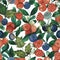 Seamless watercolour forest berry cranberry cowberry blueberry raspberry pattern with berries and leaves hand drawn