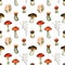 Seamless watercolour pattern with red mushrooms, porcini boletus, fly agarics big and small, bunch, autumn leaves