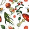 Seamless watercolour pattern with wild forest red fly agarics mushrooms with leaves, cranberries, pine needle, bumblebee