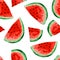 Seamless watermelons pattern. Slices of watermelon, berry background. Painted fruit, graphic art, cartoon.