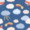 Seamless weather pattern with cute faces of clouds and stars. Funny sweet characters with rain, snow and lightning on