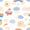 Seamless weather pattern with cute smiling faces of sun, rainbow, moon, snowing and raining clouds. Funny kids