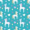 Seamless white cartoon unicorn with blond and pink mane, hearts and butterflies on bright teal background