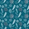 Seamless white line various tropical leaves pattern on navy blue background