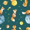 Seamless white texture with watercolor planets, foxes, stars and meteorites.