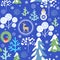 Seamless winter background with funny childish pattern with reindeer, Christmas wreath, snowman and snowy trees for fabric, wrappi