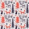 Seamless winter christmas pattern fox, rabbit, mushroom, moose, bushes, plants, snow, tree