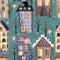 Seamless winter city houses, cats, and trees pattern. Cozy town street under fairy snowfall. Christmas vector background