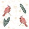 Seamless Winter Pattern with cute Cardinal Bird, Snowman and Spruce Tree