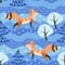 Seamless winter pattern with funny foxes in the forest. Print for fabric, wallpaper, wrapping design
