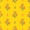 Seamless winter pattern with red berries and branches on vivid orange background. Simple vector ornament of nordic geometrical