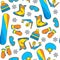 Seamless winter pattern with snowboard equipment in a vibrant, y