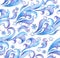 Seamless winter pattern with snowflakes and frosting. Watercolor decorative ornament with scrolls, curves