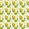 Seamless wrapping paper with avocado, mango, pear elements. Seamless pattern with creative modern fruits. Hand drawn trendy