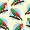 Seamless yellow background with red and green macaw parrots on a branch. cute hand-drawn parrots. vector illustration