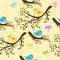 Seamless yellow pattern with cute birdies