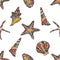 Seamless zen art style pattern with starfish and conch shells on white background