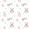 Seamlesss pattern with cartoon clouds, magic baby bear bunny toys and cow. Watercolor hand drawn illustration with white