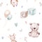 Seamlesss pattern with cartoon clouds, magic baby bear bunny toys and cow. Watercolor hand drawn illustration with white