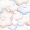 Seamlesss pattern with cartoon clouds, magic baby bear bunny toys and cow. Watercolor hand drawn illustration with white