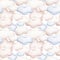 Seamlesss pattern with cartoon clouds, magic baby bear bunny toys and cow. Watercolor hand drawn illustration with white