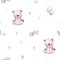 Seamlesss pattern with cartoon clouds, magic baby bear bunny toys and cow. Watercolor hand drawn illustration with white