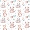Seamlesss pattern with cartoon clouds, magic baby bear bunny toys and cow. Watercolor hand drawn illustration with white