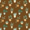 Seamlss pattern with potted flowers, vector illustration on brown background