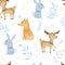Seammless pattern. Bohemian illustrations with animals, stars, magic and runes. Cute animals in the Scandinavian style
