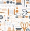 Seamstress seamless pattern with illustration of watercolor retro sewing tools. Sewing kit, accessories for sewing