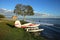 Seaplane at the water`s edge in Tavares, Florida.