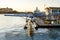 Seaplanes in harbour at sunset