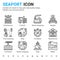 Seaport icon set design outline style isolated on white background. Vector icon marine port, logistic sign symbol concept