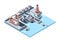 Seaport isometric industrial. Logistics illustration of international port ships in dock and terminal building, cargo