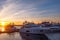 Seaport with mooring boats at sunset in Sochi, Russia.