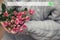 Search bar on the background of blurred bouquet of bush of roses