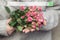 Search bar on the background of blurred bouquet of bush of roses