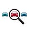 Search car sign, vector. Magnifying glass with car. Search car symbol. Looking for transport. Selection a car among others