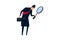 Search, discover, analyze report , curiosity guy detective holding huge magnifying glass and thinking about evidence and result