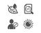 Search file, Edit user and Leaf dew icons. Sun sign. Find document, Profile data, Water drop. Summer. Vector