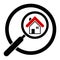 Search house icon in a circle. Real estate. Magnifier. Isolated