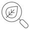 Search with leaf thin line icon. Magnifying glass and plant vector illustration isolated on white. Eco search outline