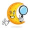Search moon mascot holding magnifying glass, moon character,