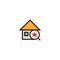 Search new house icon. home with magnifying glass and asterisk symbol. simple clean thin outline style design.