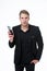 Search online. Businessman confident use smartphone white background. Man suit businessman take advantage modern mobile