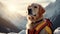 Search and rescue dog in signal vest searching snowy mountains with blurred background