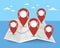 Search for restaurants, catering and cafe location. Internet application, city map with red pins, gps navigation service