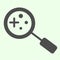 Search tool solid icon. Magnifying glass lens with bacterias result glyph style pictogram on white background. Science