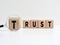 Searching for a business partnership based on trust. Trusted partner. The word trust on wooden cubes with a magnifying glass