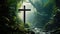 Searching for Christ, a journey towards Faith. A Cross in the luxurious green rain forest among the trees